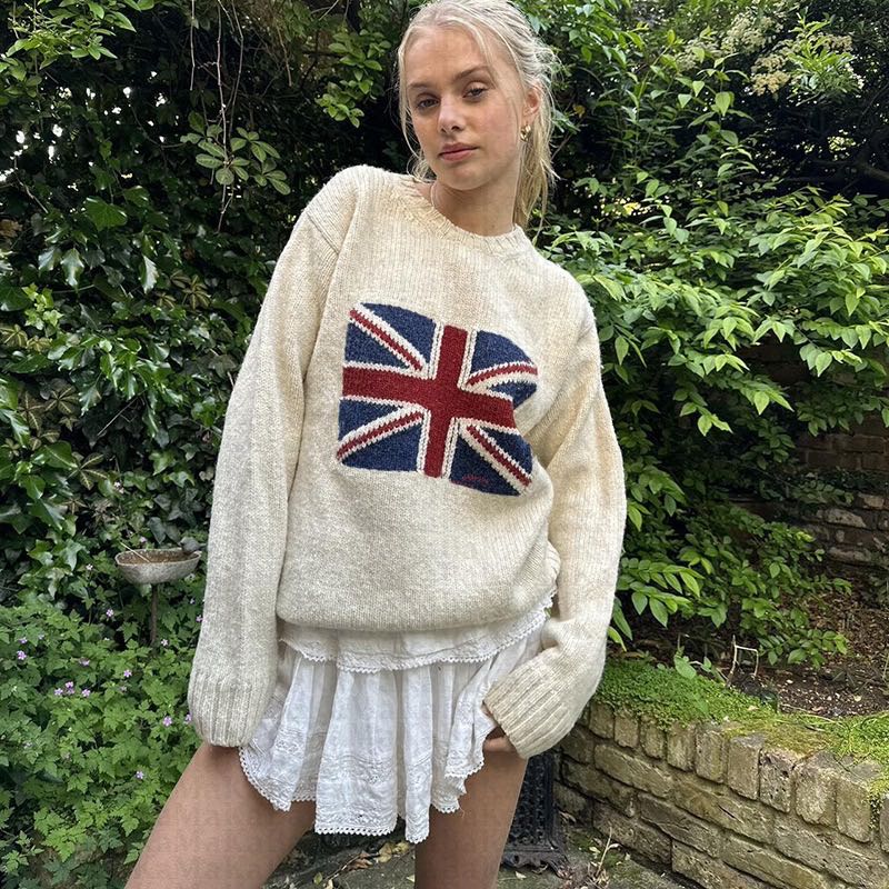 Rapcopter Y2k Flag Print Swetry Luźne O Neck Długie Rękawy Swetry Jesień Zima Harajuku Casual Swetry Swetry Vintage Lata 90