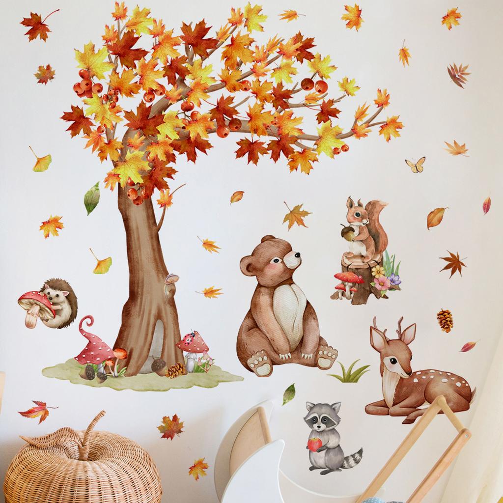 Ms7624 Autumn Harvest Bear Hedgehog Elk Animal Wall Sticker Living Room Bedroom Background Decoration Sticker, Large Quantity Can Be Negotiated
