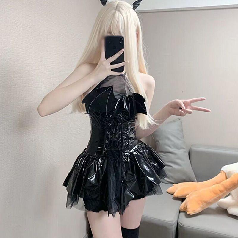 Sexy Cosplay Pu Dress Women Harajuku Streetwear Bandage Hollow Out Bats Dress Punk Y2k Girl Mall Gothic Clothes