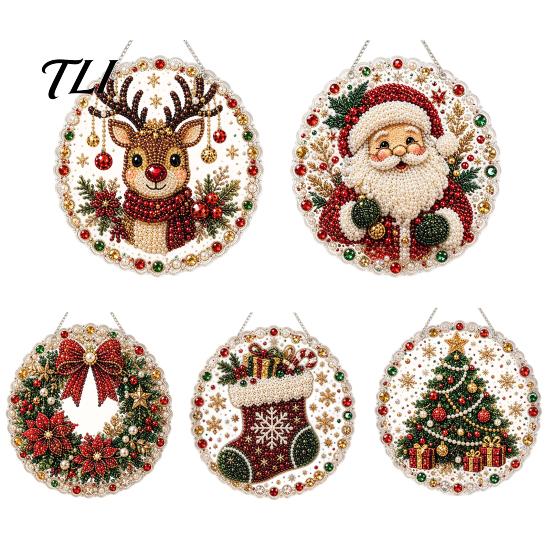 Transparent Acrylic Craft Decor Christmas DIY Faux Diamond Painting Hanging, Santa Wreath Pendant, Pearl Red Green Gifts Beads Kit for Wall