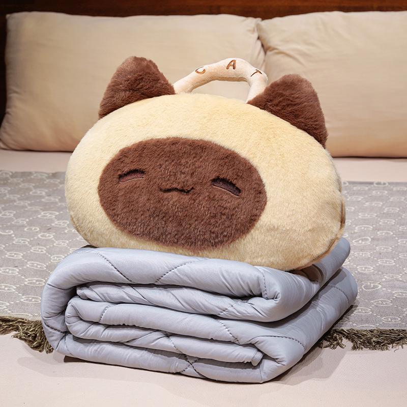 Cartoon Cat 2-in-1 Tote Pillow & Blanket for Car, Office, or Home