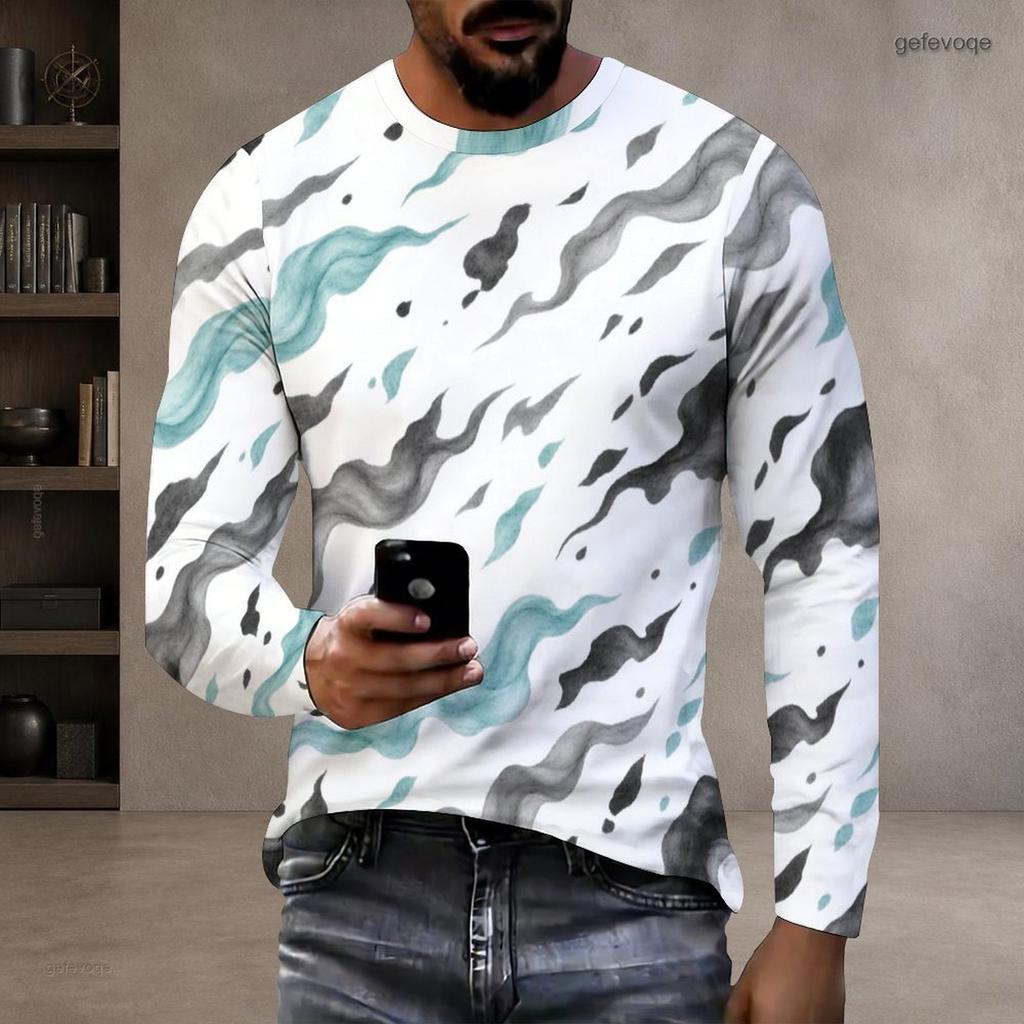 Men Plus Size Round Neck Long Sleeve Printed White T Shirt Casual Pullover