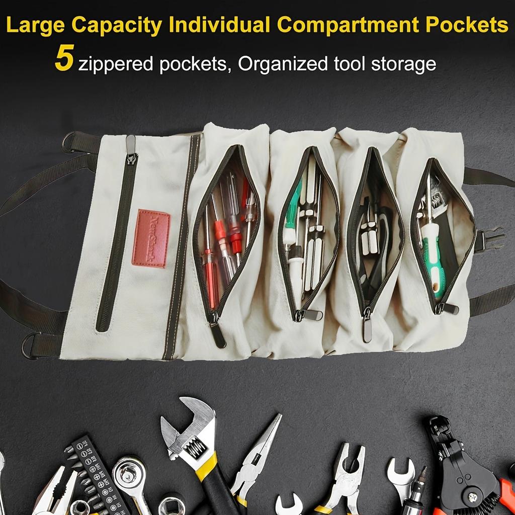 1 pc Tool Roll Organizer, Wrench Roll Up Pouch Bag with 5 Zipper Pockets Canvas Tool Roll, 16 OZ Canvas Wrench Tool Organizer