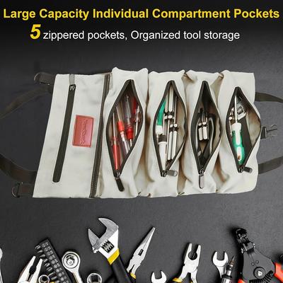 1 Pc Tool Roll Organizer, Wrench Roll Up Pouch Bag with 5 Zipper Pockets Canvas Tool Roll, 16 OZ Canvas Wrench Tool Organizer