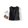 Women Black Round Neck Sleeveless Blazer Vest Gold Button Casual Waistcoat