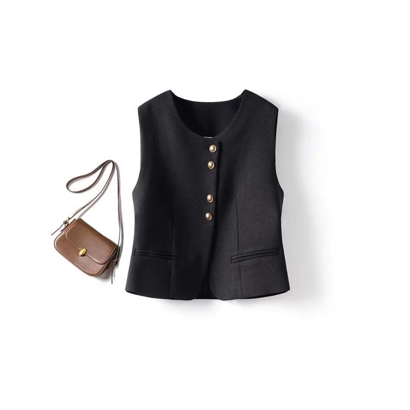 Women Black Round Neck Sleeveless Blazer Vest Gold Button Casual Waistcoat