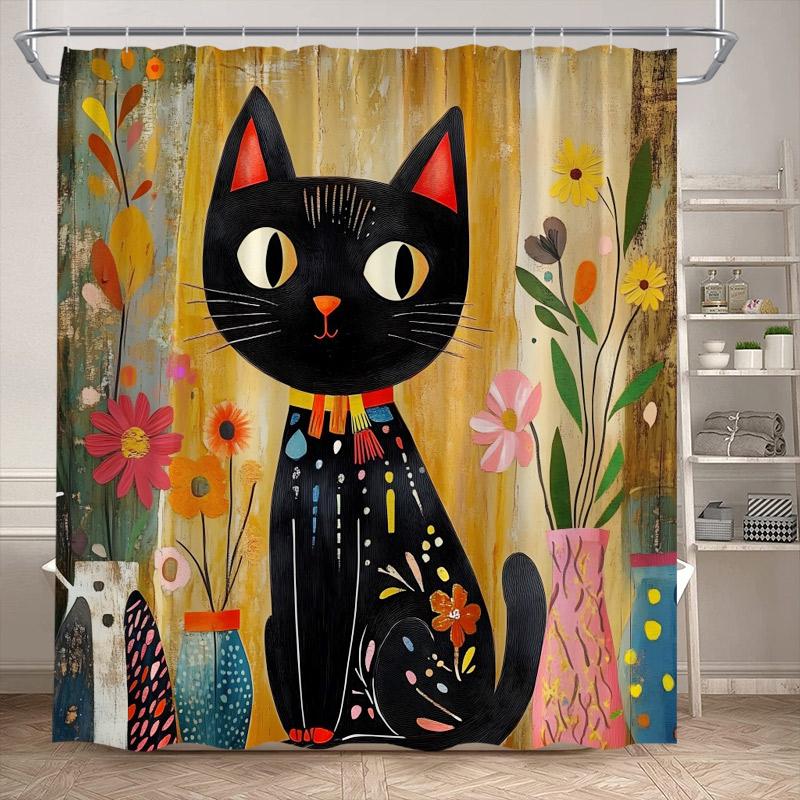 Funny Black Cat Shower Curtains Cute Animal Pet Floral Vintage Painting Art Modern Fabric Home Bathroom Decor Bath Curtain Set