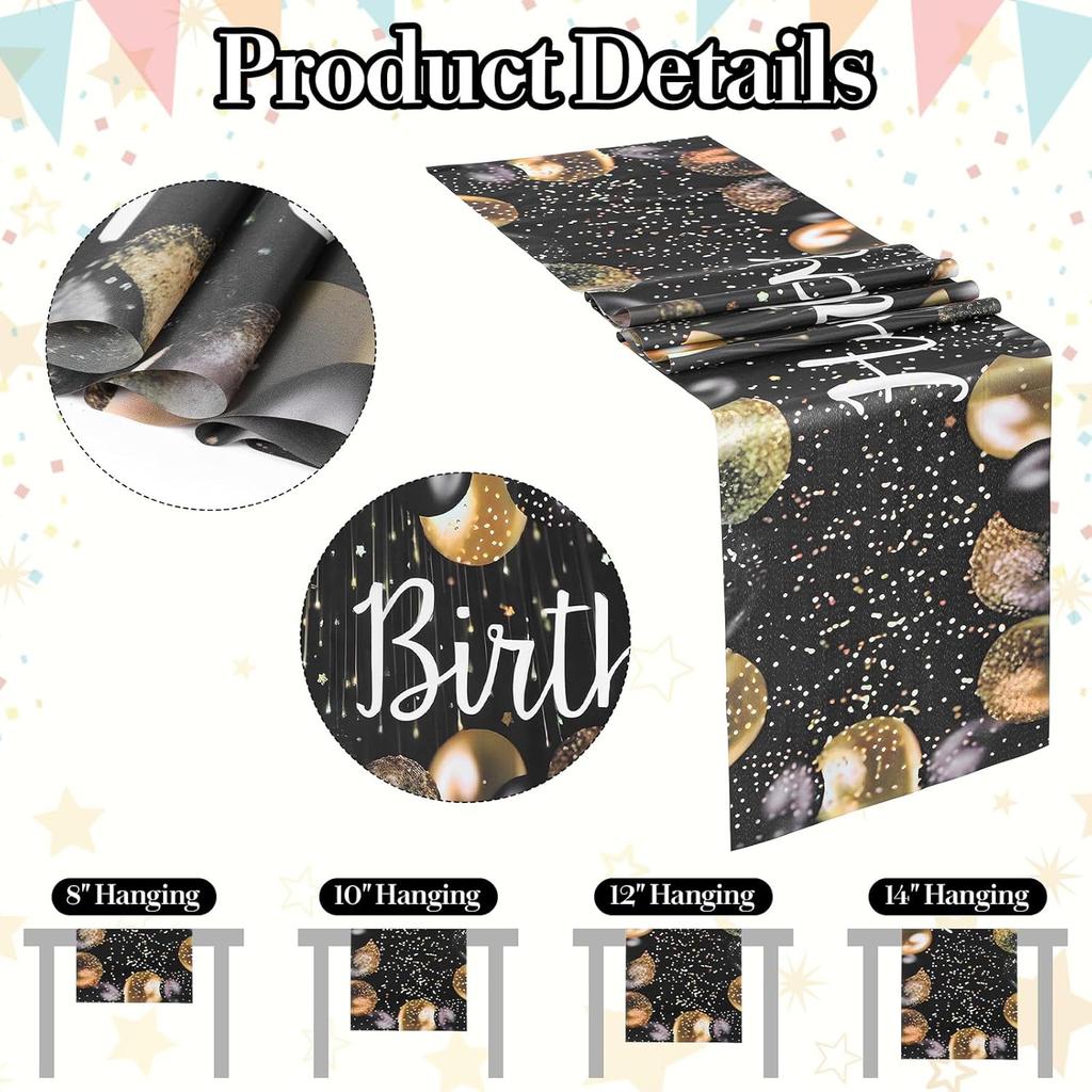 Happy Birthday Table Runner, 72×13In Vintage Black Gold Birthday Table Runner Birthdays Dining Linen Tables Decoration for Men Women Indoor Outdoor