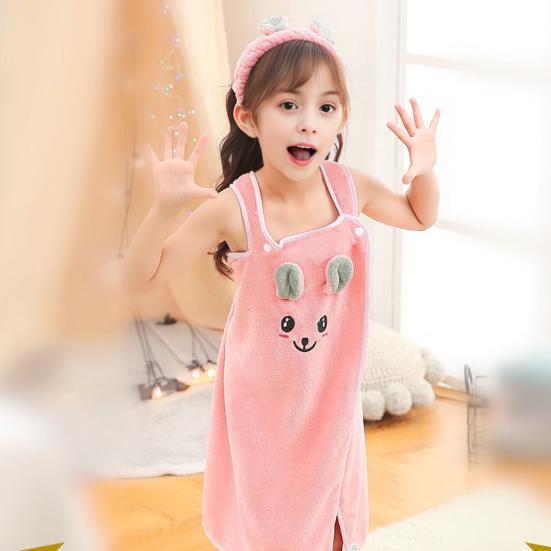 Kids Bath Skirt Rabbit Ear Absorbent Bath Towel Coral Velvet Dress Style Bath Wrap with Shoulder Straps for Beach Swimming Pool