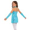 Kids Girls Jazz Dance Halter Dress Sleeveless Strappy Back Invisible Zipper Sparkling Sequins with 1 Pair Gloves for Stage Performance