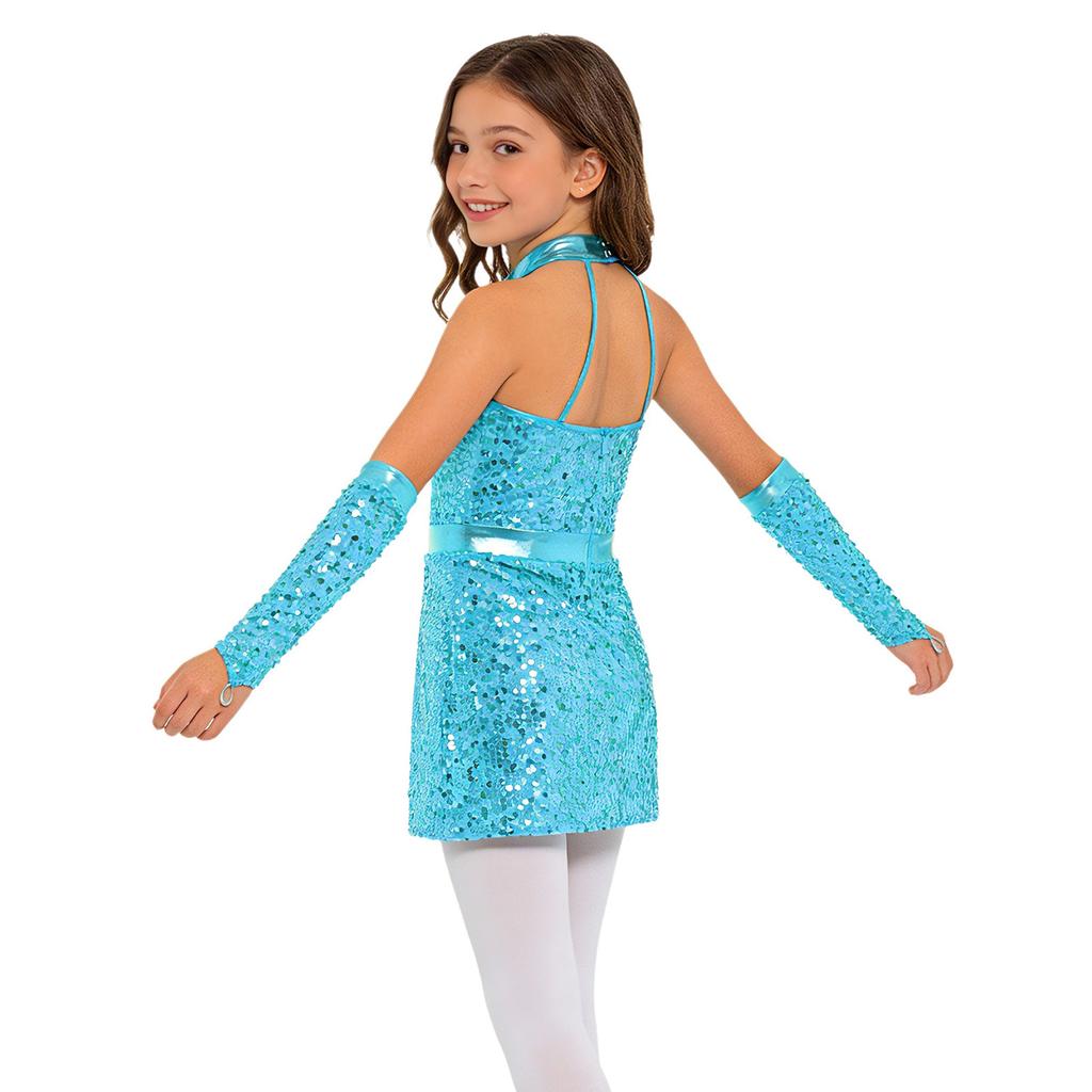 Kids Girls Jazz Dance Halter Dress Sleeveless Strappy Back Invisible Zipper Sparkling Sequins with 1 Pair Gloves for Stage Performance