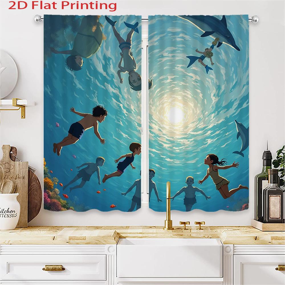 Set Of 2 Flat Printing Curtains Swimming Ocean Blue Pattern Cartoon Style Curtain Polyester Fabri Made