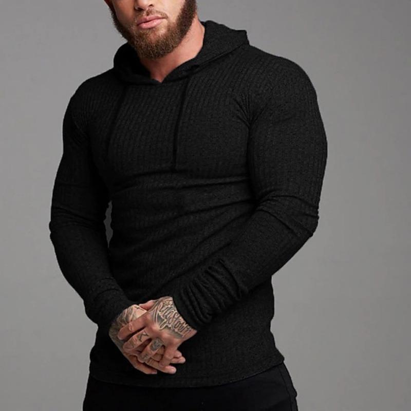 Maglia da uomo a coste con cappuccio a maniche lunghe Slim Fit Top in maglia per allenamento in palestra Base layer atletico casual quotidiano