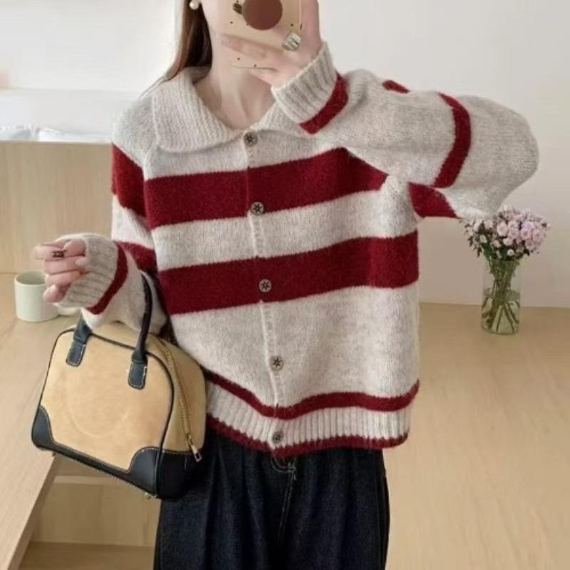 

Retro contrasting color striped lapel sweater cardigan jacket women s autumn and winter loose lazy wind small knitted sweater one size fits all