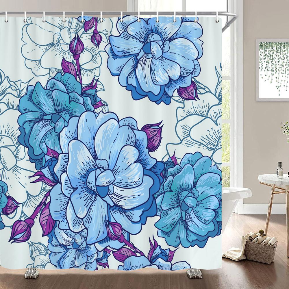 High Quality Flower Plant Leaves Fabric Shower Curtain Waterproof Beautiful Butterfly Bath Curtains for Bathroom Decor with Hook