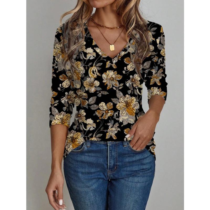 

Весенне-осенние женские футболки с V-образным вырезом, ретро цветочным узором, 3D-принтом, модные повседневные с длинным рукавом XXL