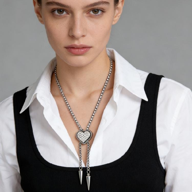 Perfect Gift Stainless Steel Bolo Necklace with Sliding Heart Design and Rhinestones Design for Daily & Parties