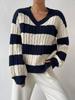 Autumn Winter V-neck Retro Color Block Stripe Knit Sweater for Women