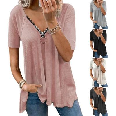 Summer Large Size Women's Casual T-shirt Solid Color V-neck Zipper Loose Short-sleeved Top Fashion Temperament Elegant Women's Clothing