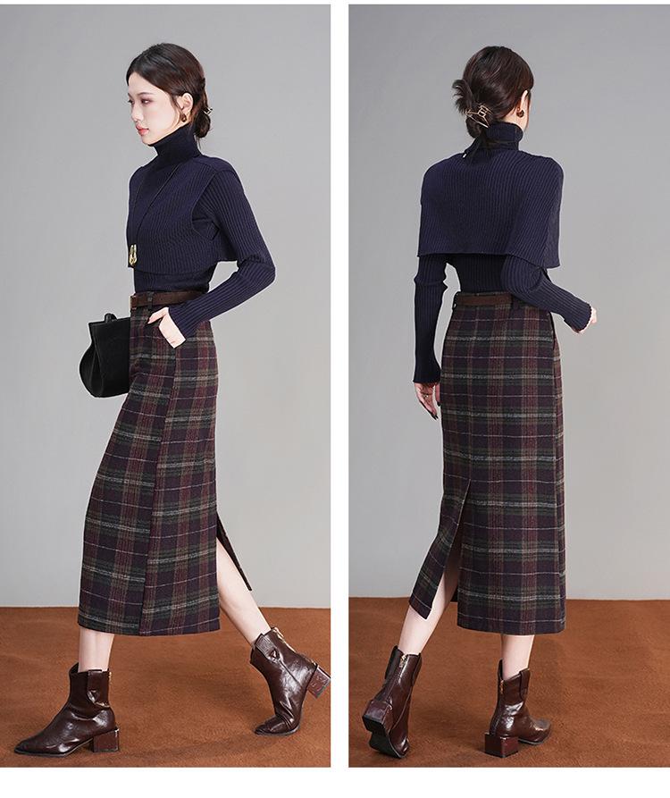 Plaid Wool Blend Split Pencil Skirt - 2025 Winter Mid-Length Vintage Style