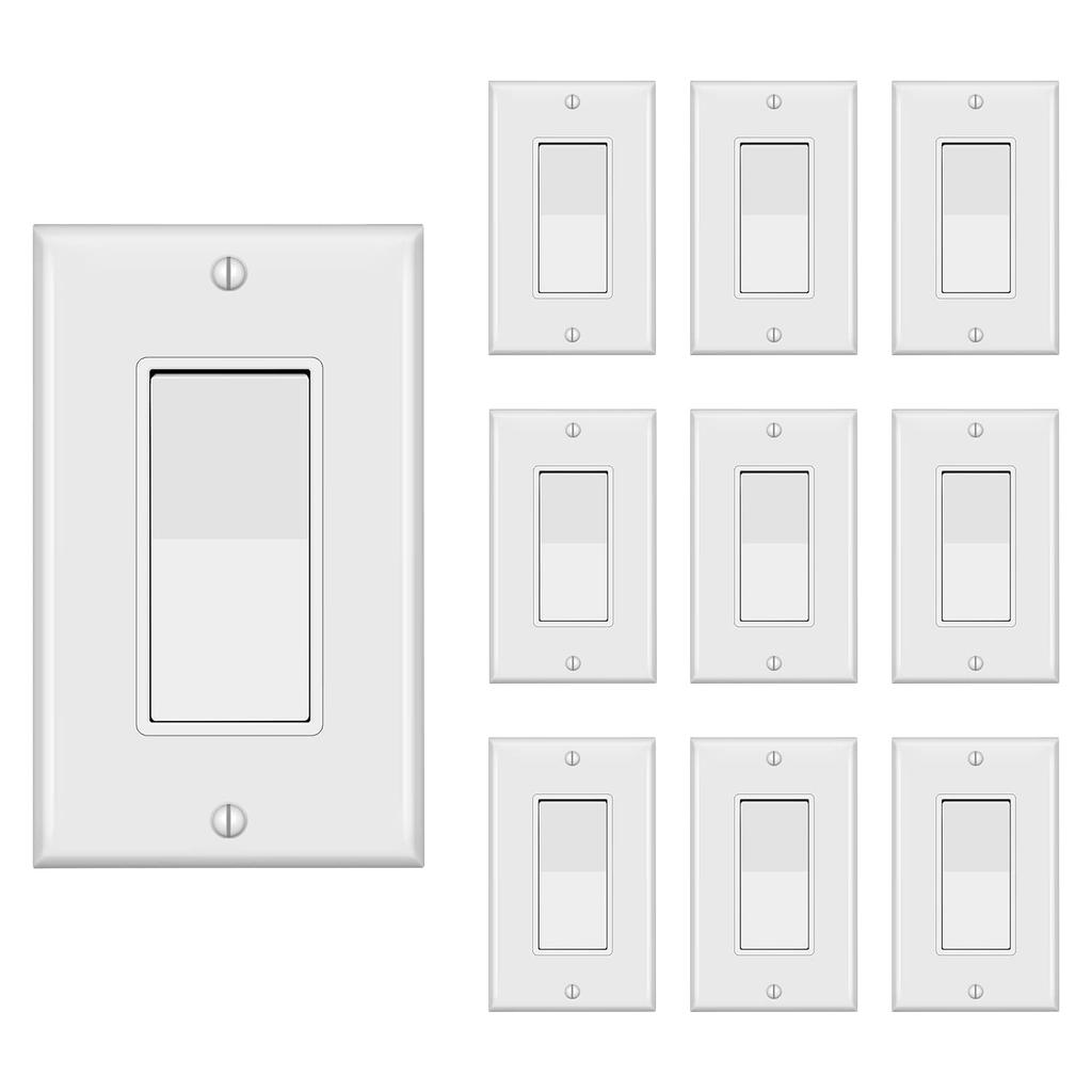 3 Way Decorator Switch with Wall Plate, Electrical Rocker Light Switch, Single Pole or Three Way, 3 Wire, 15A 120V/277V, UL Listed, White (10 Pack)