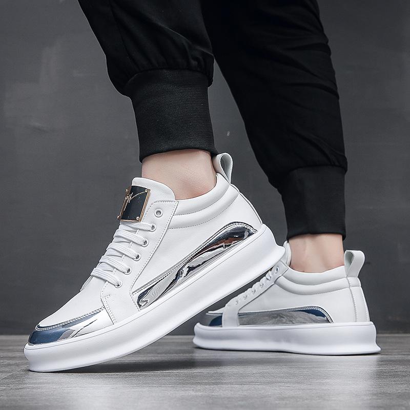 High-top Shoes Men's White Trendy Men's Shoes Autumn New Metal Color Matching Board Shoes Youth Internet Celebrity Trendy Brand Korean Fashion