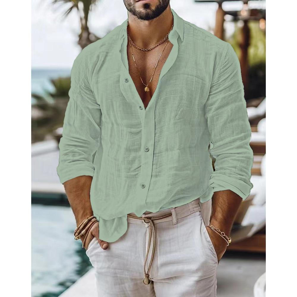 Men Solid Color Cotton Linen Shirt Casual Style Long-sleeved Business Casual Shirt Cross-border Independent Station