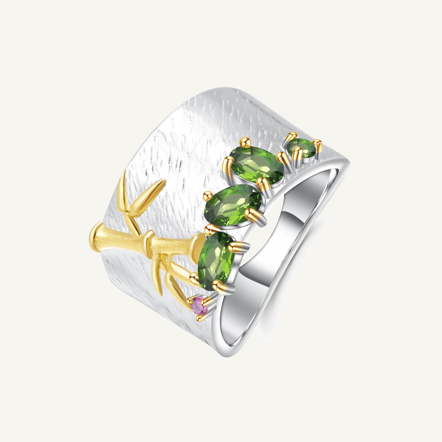 

Gb Настоящее серебро 925 пробы, бамбуковые кольца ручной работы, натуральный хром-диопсид, кольцо на палец для женщин, ювелирные изделия