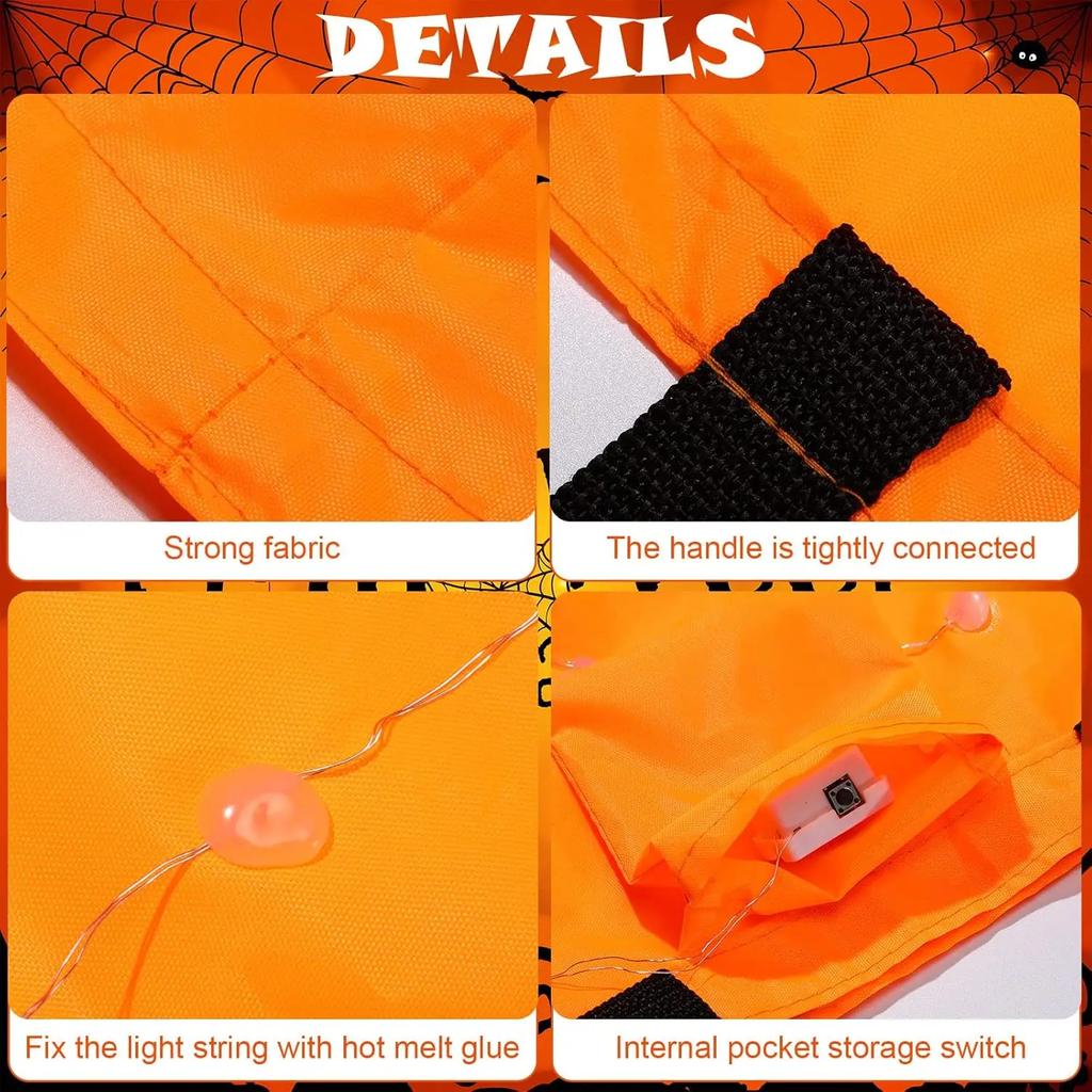 1-20PCLED Light Up Halloween Pumpkin Candy Tote Bag Basket for Kids Trick or Treat Party Bucket for Holiday Event Decoration Use