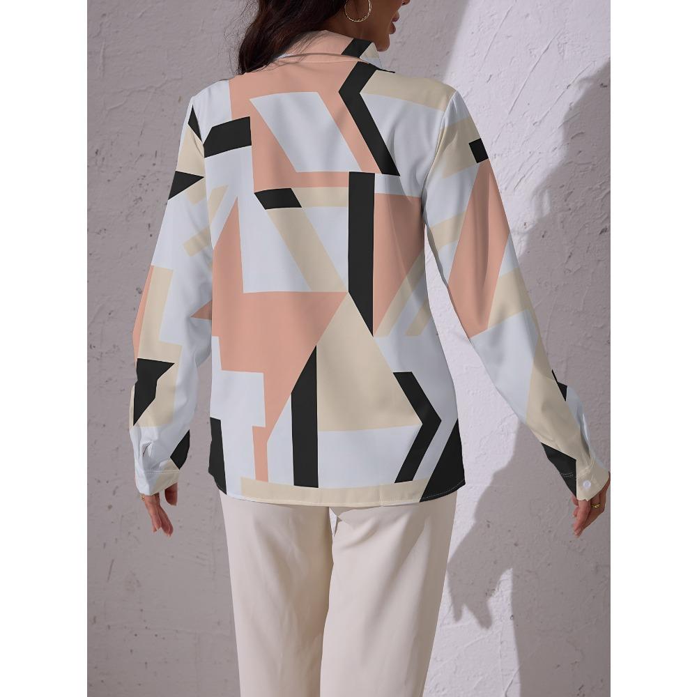 Women's casual shirts feature geometric color blocks arranged in an interlaced pattern, with black, brown, and white forming an abstract print