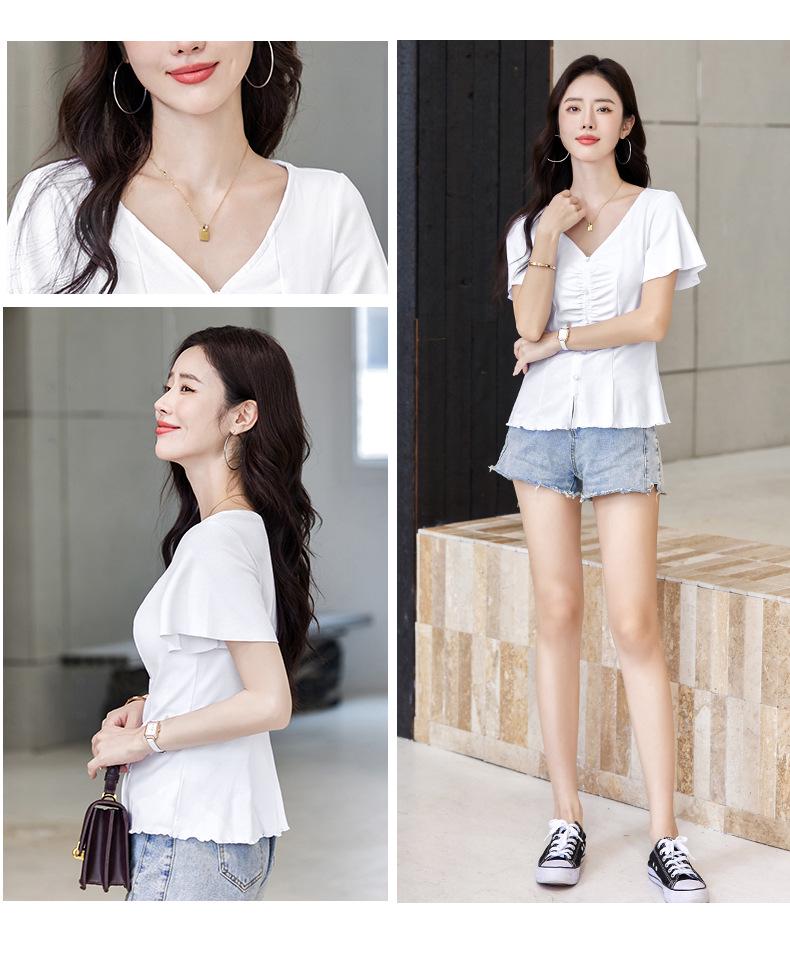 Frühling/Sommer 2025 Damen V-Ausschnitt Kurzarm T-Shirt - Koreanischer Stil mit süßen Rüschenärmeln
