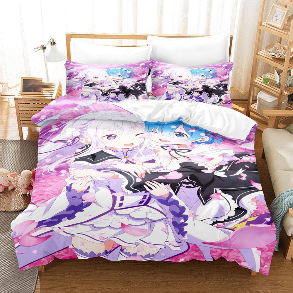3D Gedrucktes Anime Re Zero Rem Ram Emilia Bettwäscheset Jungen Mädchen Einzelbett Queen-Size Bettbezug Kissenbezug Bett Kinder Erwachsene