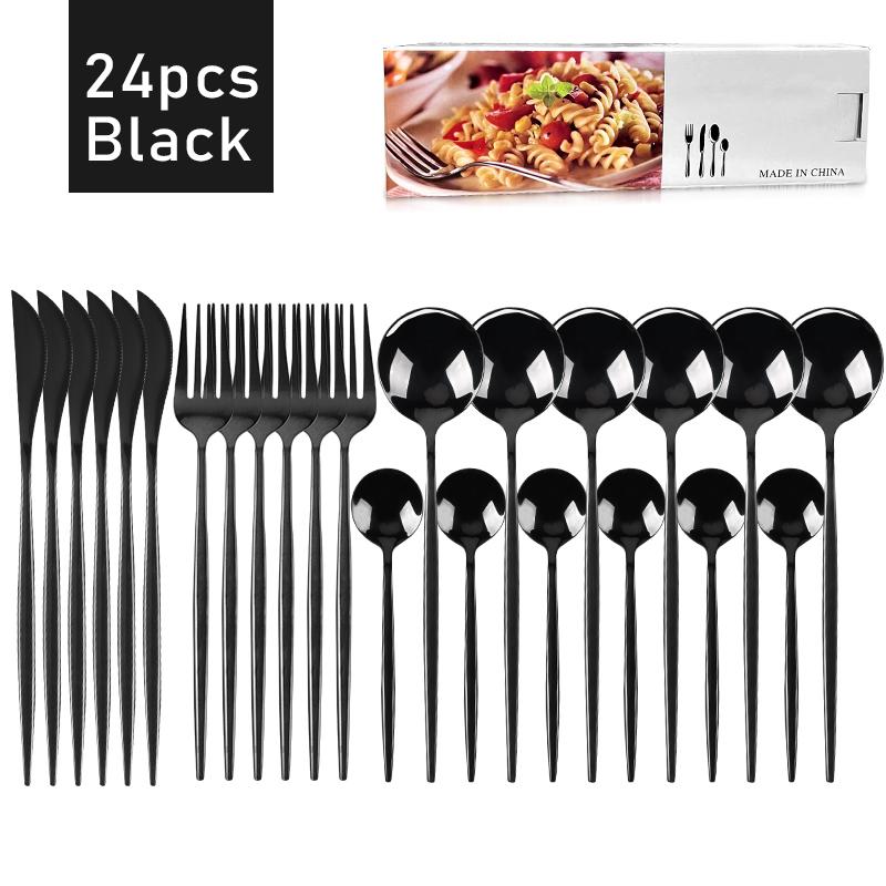 24pcs Black Western Dinnerware Set Stainless Steel Cutlery Set Fork Knife Spoon Tableware Set Flatware Set Silverware Set