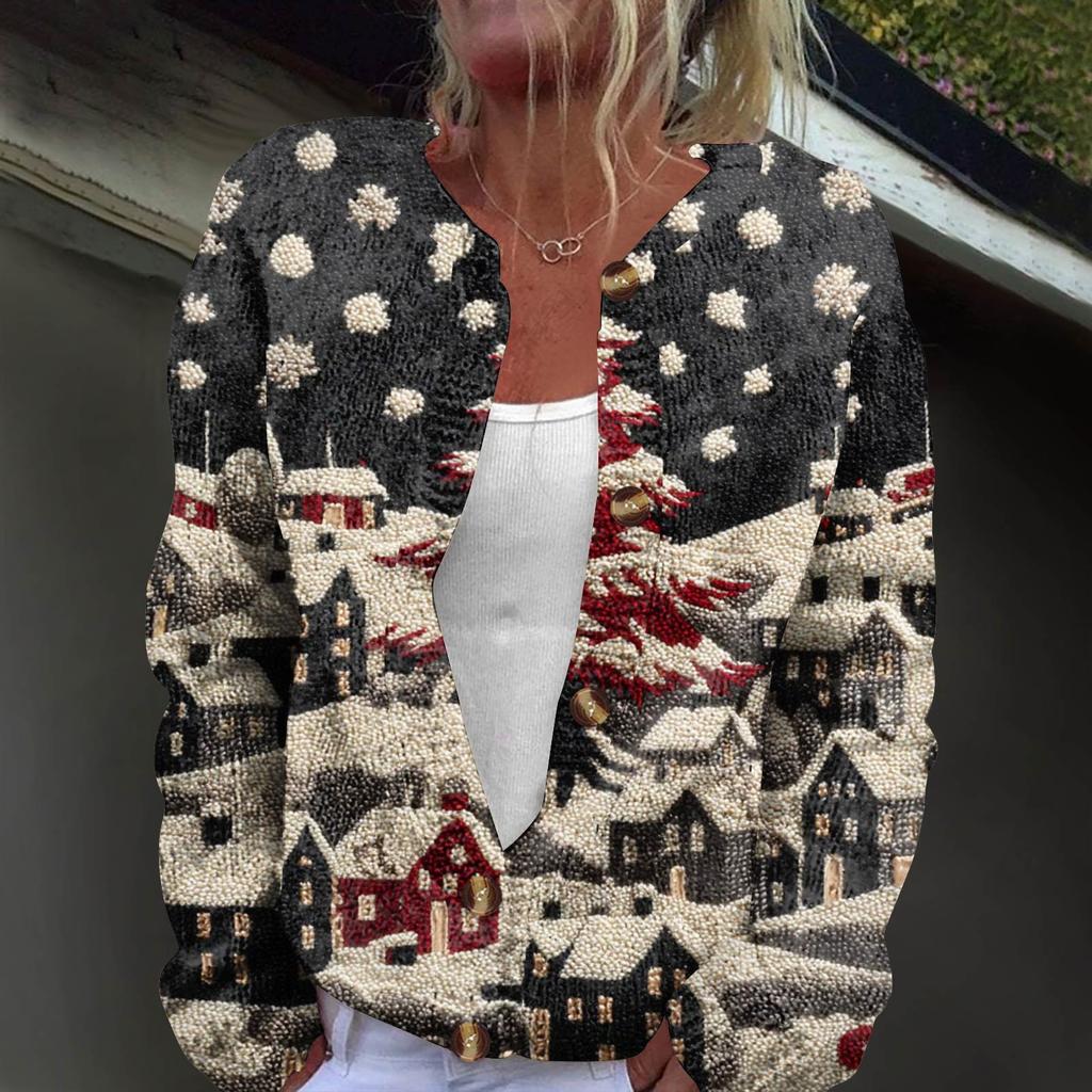 ქალის მოდა პრინტიანი გრძელმკლავიანი ნაქსოვი კარდიგანი ღილებზე შესაკრავით