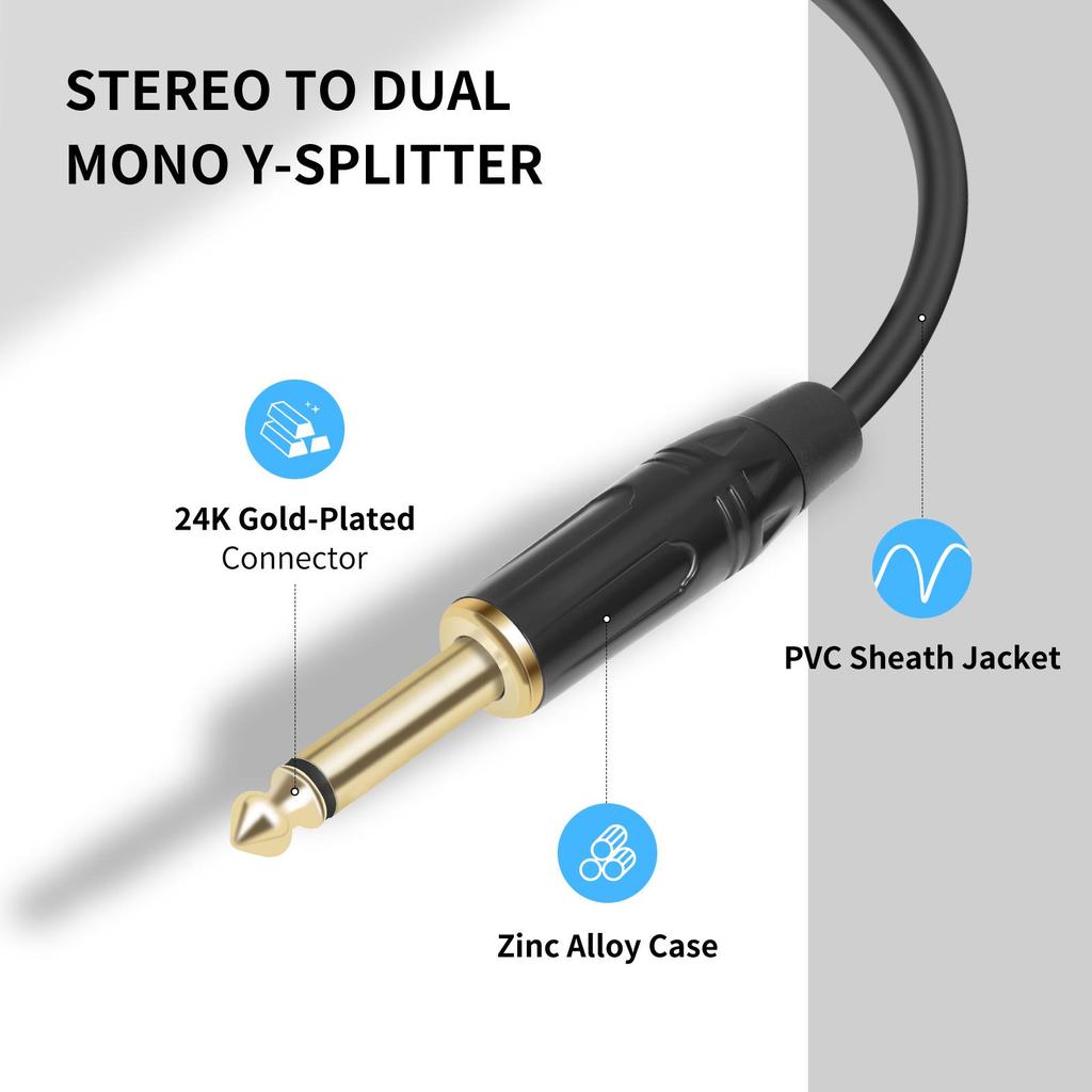 3D 6.35mm Male To Dual 6.35mm Y-Type Audio Mixer Cable, Large Three-Core Splitter