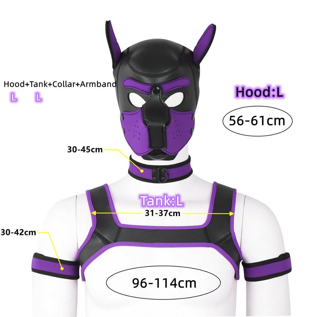 XL Large Size Cucciolo Cosplay Neoprene Fetish Hood Maschera Kit con fascia toracica Collare Fascia da braccio Costumi sessuali per BDSM Ruolo schiavo