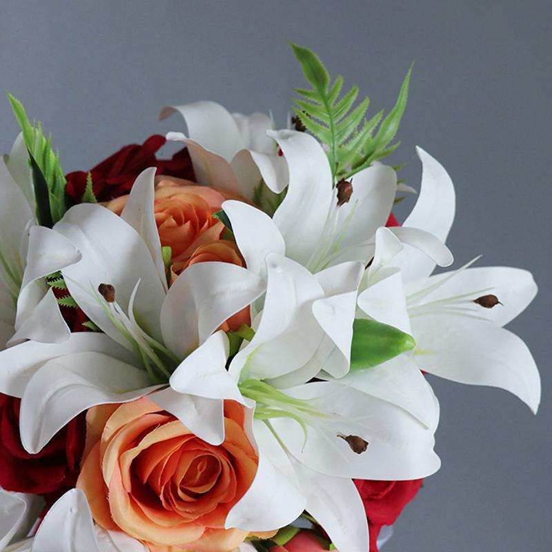 Wedding Bouquet for Bride Orange Roses Lily Wedding Bridal Bouquet Waterfall Bride Holding Flower Artificial Flowers Bouquet