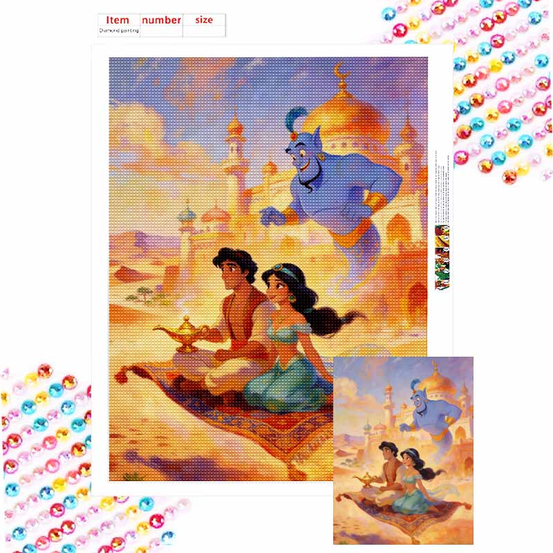 Disney Diamond Painting Kit Aladdin Jasmine Genie 5D DIY Diamond Art Home Bedroom Wall Decor Round 20x30cm