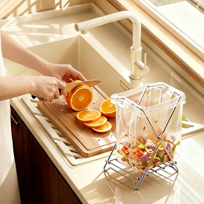 Collapsible Stainless Steel Garbage Bag Holder, Kitchen Countertop Trash Bag Support Rack, Portable Storage Organizer Stand