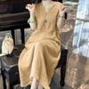 Women's V Neck Short Sleeve Midi Dress Loose Fit A-Line Linen Dress Floral Embroidered New Chinese Style Casual Summer Dress