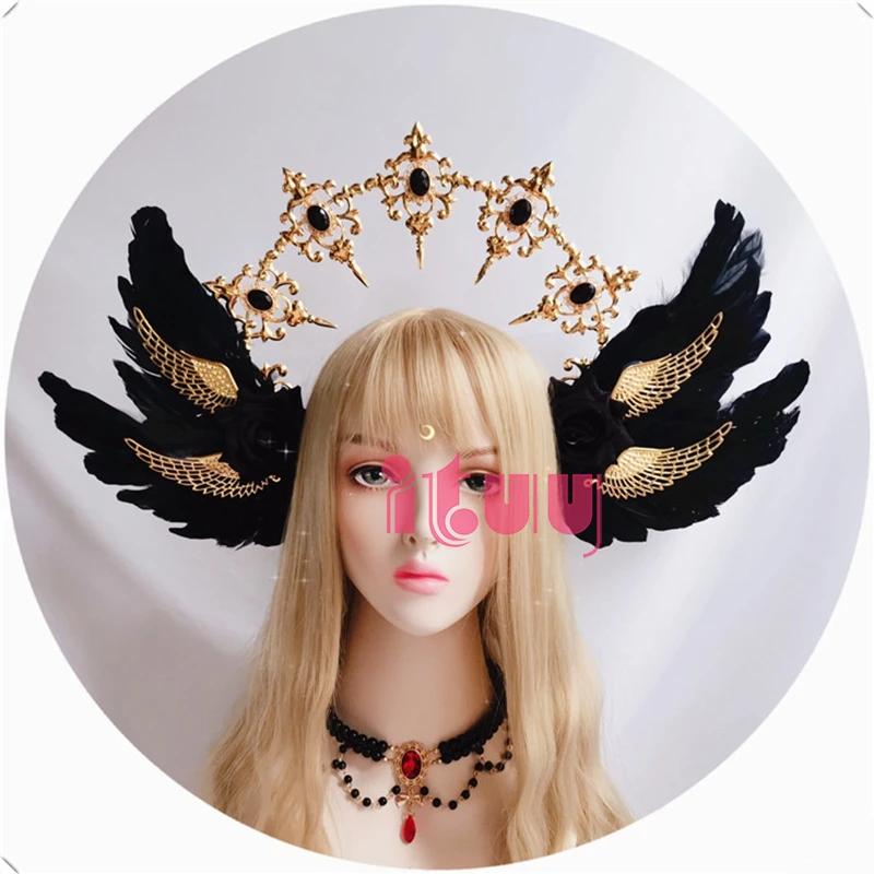 Lolita KC Gothic Black Rose Devil Wings Hair Accessories Sun Godmother's Virgin Mary Apollo Halo Crown Headwear