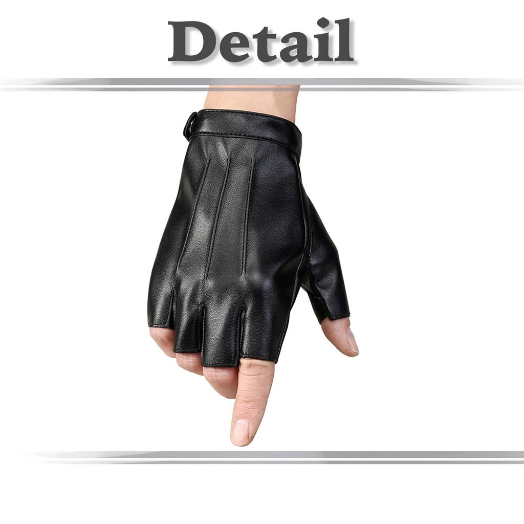 White Fang NT148 Fingerless Gloves, Simple, Solid Leather, Stylish Rock Style for Men (Black)