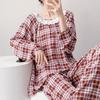 Spring and Summer New Plaid Printing Crew Neck Lace Long-sleeved Trousers Pajamas Set Women's Loungewear Loose Spot