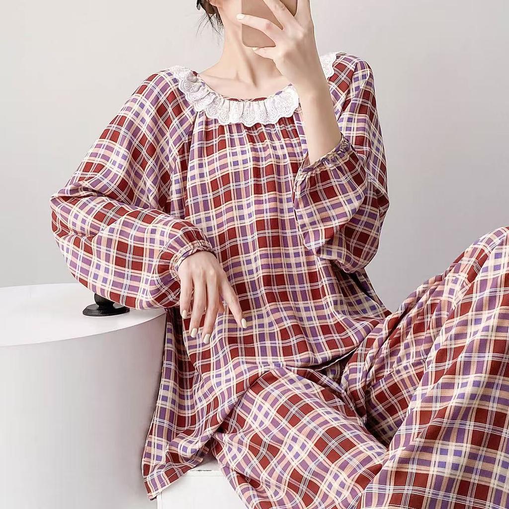 Spring and Summer New Plaid Printing Crew Neck Lace Long-sleeved Trousers Pajamas Set Women's Loungewear Loose Spot