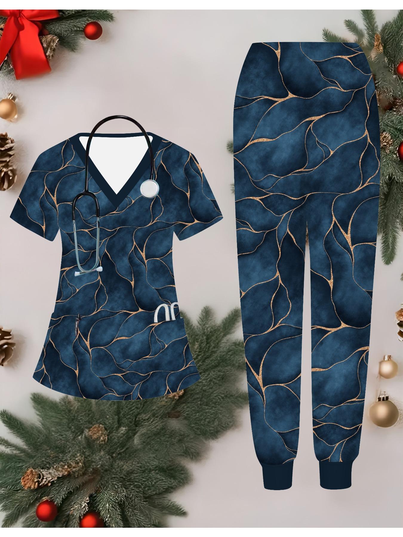 

Жіночий набір медсестри з 3D квітковим принтом, короткий рукав, довгі штани з кишенями, повсякденний, модний, різдвяний подарунок XXL синій