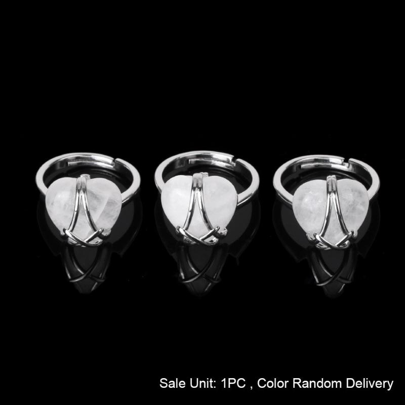 Women Adjustable Wire Wrapped Crystal Open Ring Heart Shaped Natural Stone Jewelry For Anniversary