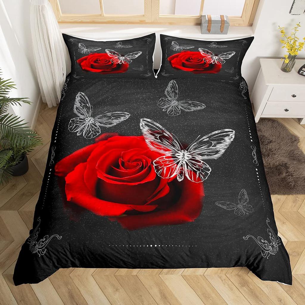 Red Rose Duvet Cover Set King Size for Girls Water Drops Bedding Set Romantic Rose Flowers 2/3pcs Comforter Cover for Couples