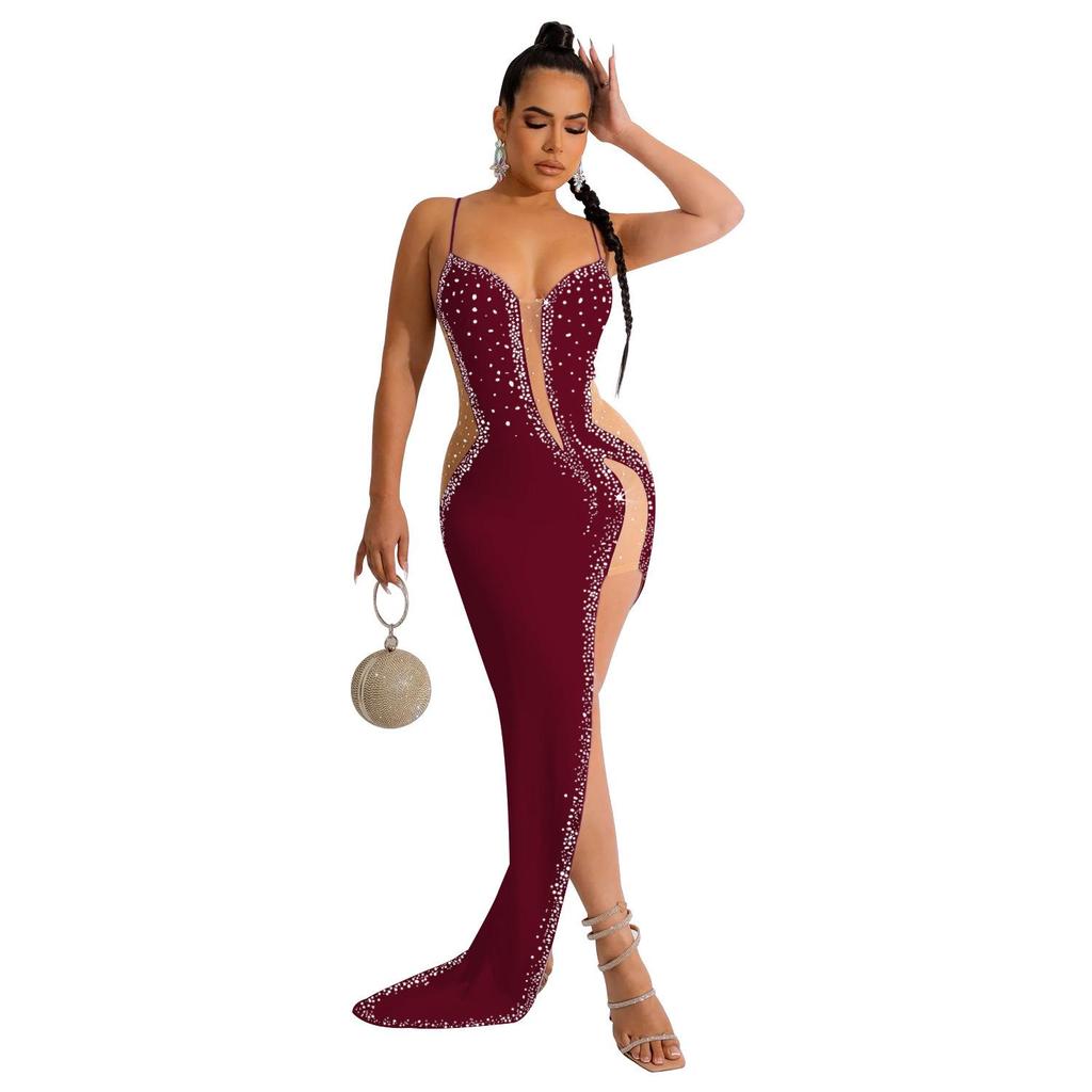 Women's Fashion Solid Color V-Neck Sleeveless Long Dress with Hot Drilling