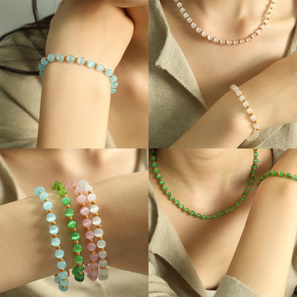 Popular Multi-Color Opal Beaded Titanium Steel Necklace Light Luxury Elegant Temperament Collarbone Chain Jewelry