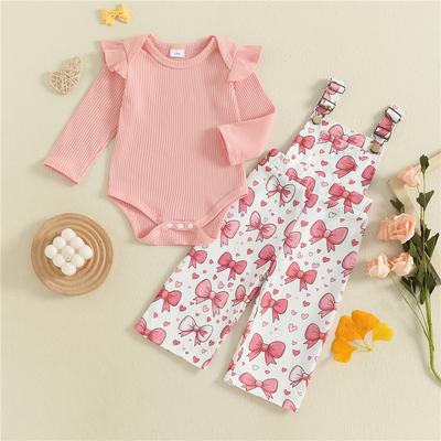 Autumn Fashion Newborn Baby Girls Clothing Set Solid Color Long Sleeve Ribbed Romper with Floral Print Overalls 2Pcs Outfit
